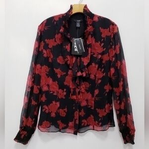 Alfani Women 100% Silk Button Front Shirt Black Red Floral Long Sleeve Ruffle 12